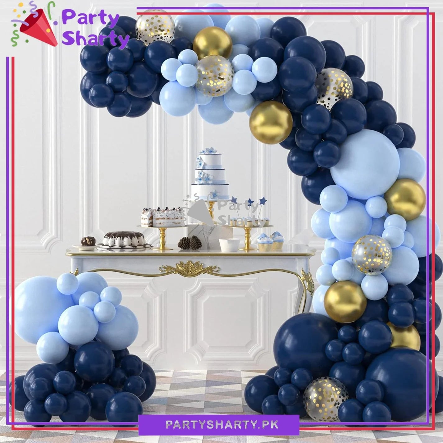 100pcs Navy Blue, Baby Blue & Metallic Golden Balloons Garland Arch Kit For Party Event Decoration