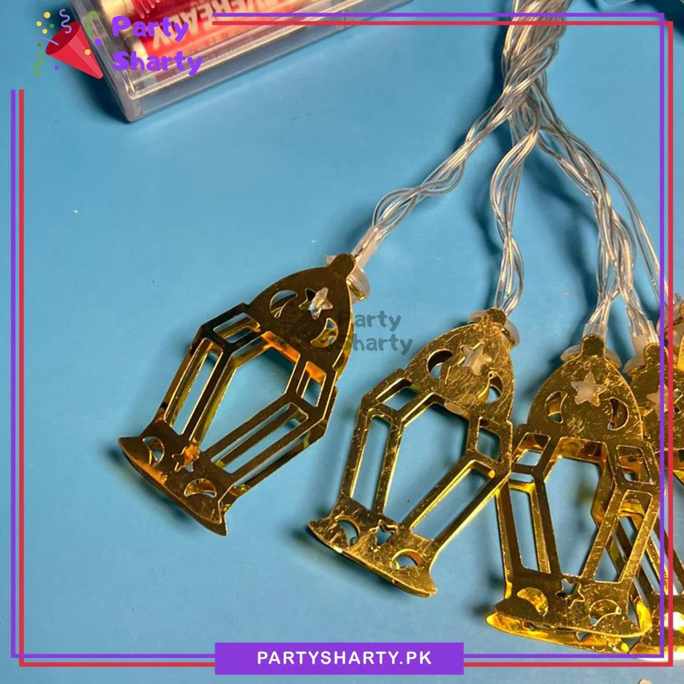 2AA Battery Operated Golden Stylish Lantern Shaped Metal LED String Lights For Ramadan / Eid Festival & Celebration