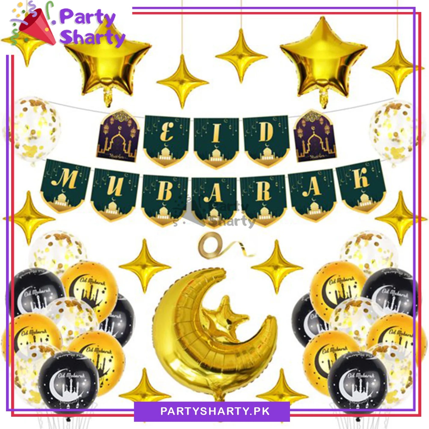 Black Eid Mubarak Card Banner with Golden Theme Set for Eid Decoration and Celebration