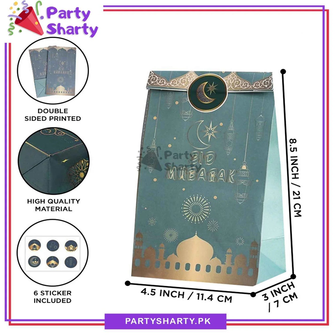 6pcs / Set Eid Mubarak Treat / Goody Bags with Stickers, Eid Party Favor Bags for Eid Giveaways