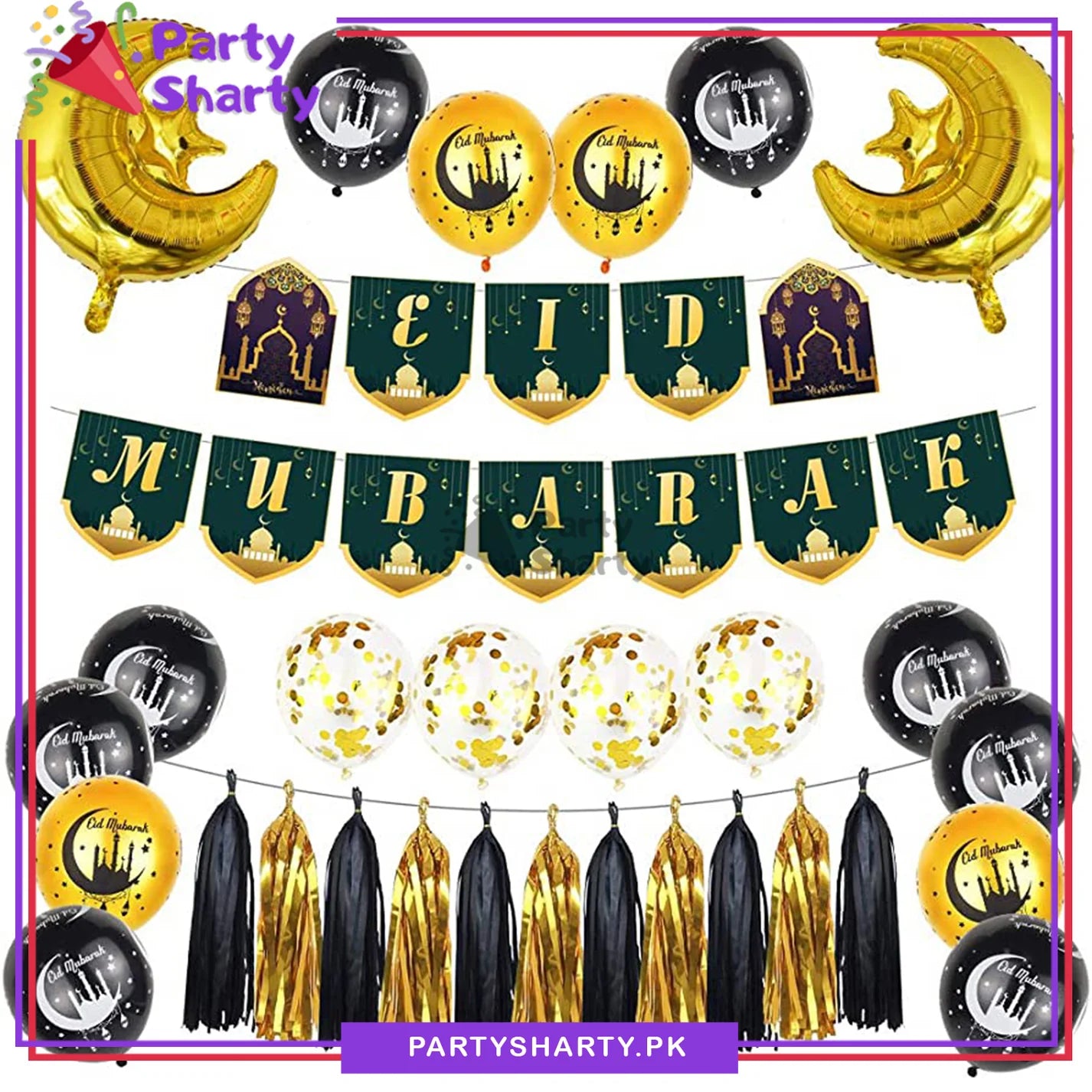 Green Eid Mubarak Card Banner with Golden & Black Theme Set for Eid Decoration and Celebration