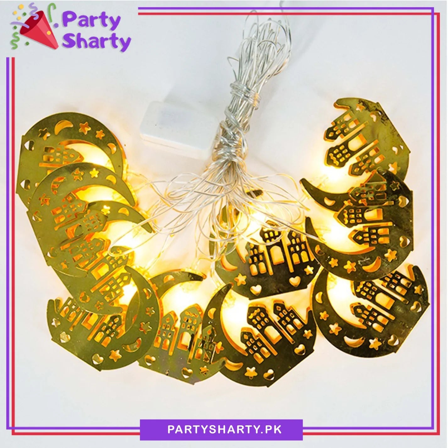 Electric Operated Golden Crescent With Masjid Shaped Metal LED String Lights For Ramadan Festival and Celebration