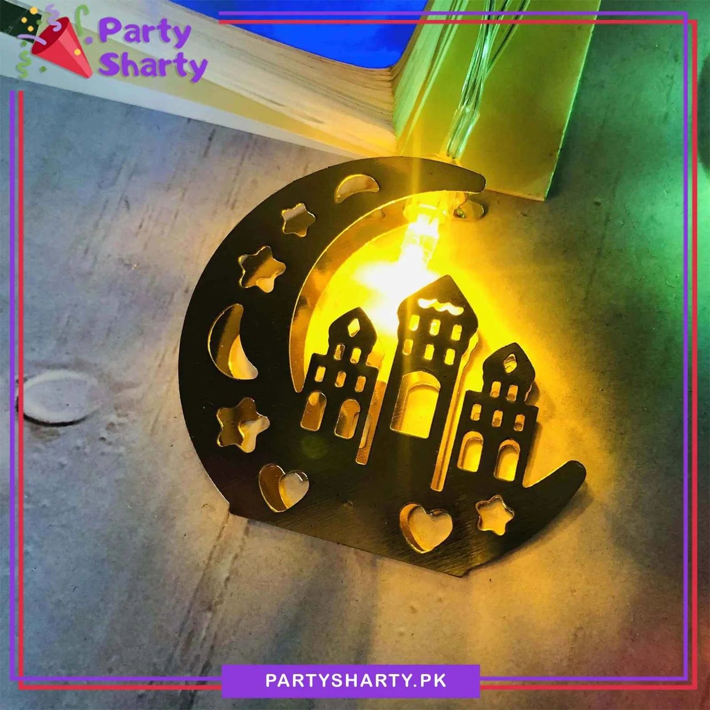 2AA Battery Operated Golden Crescent With Masjid Shaped Metal LED String Lights For Ramadan Festival and Celebration