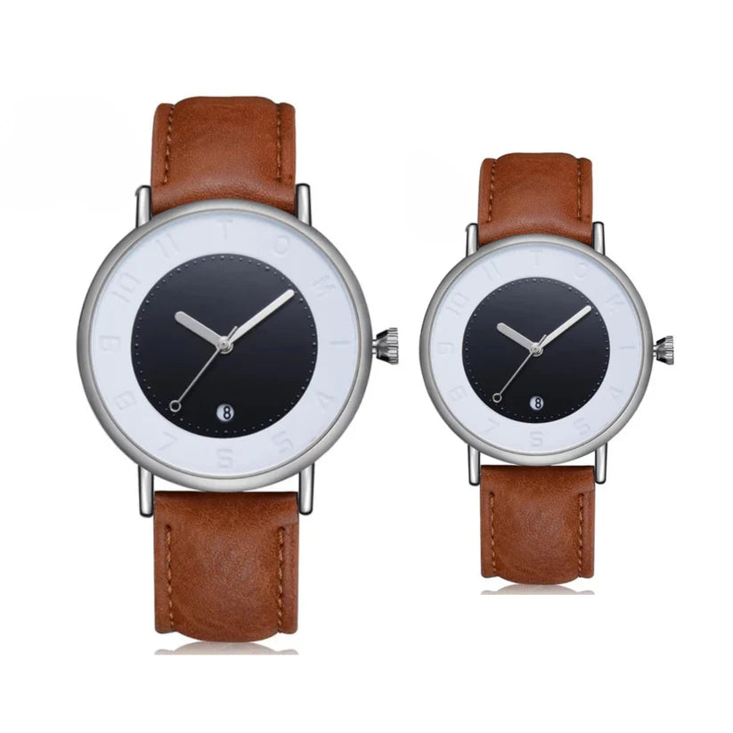 TOMI T-085 Couple Watch – Date Quartz Matching Pair with Leather Straps | Findsy.pk