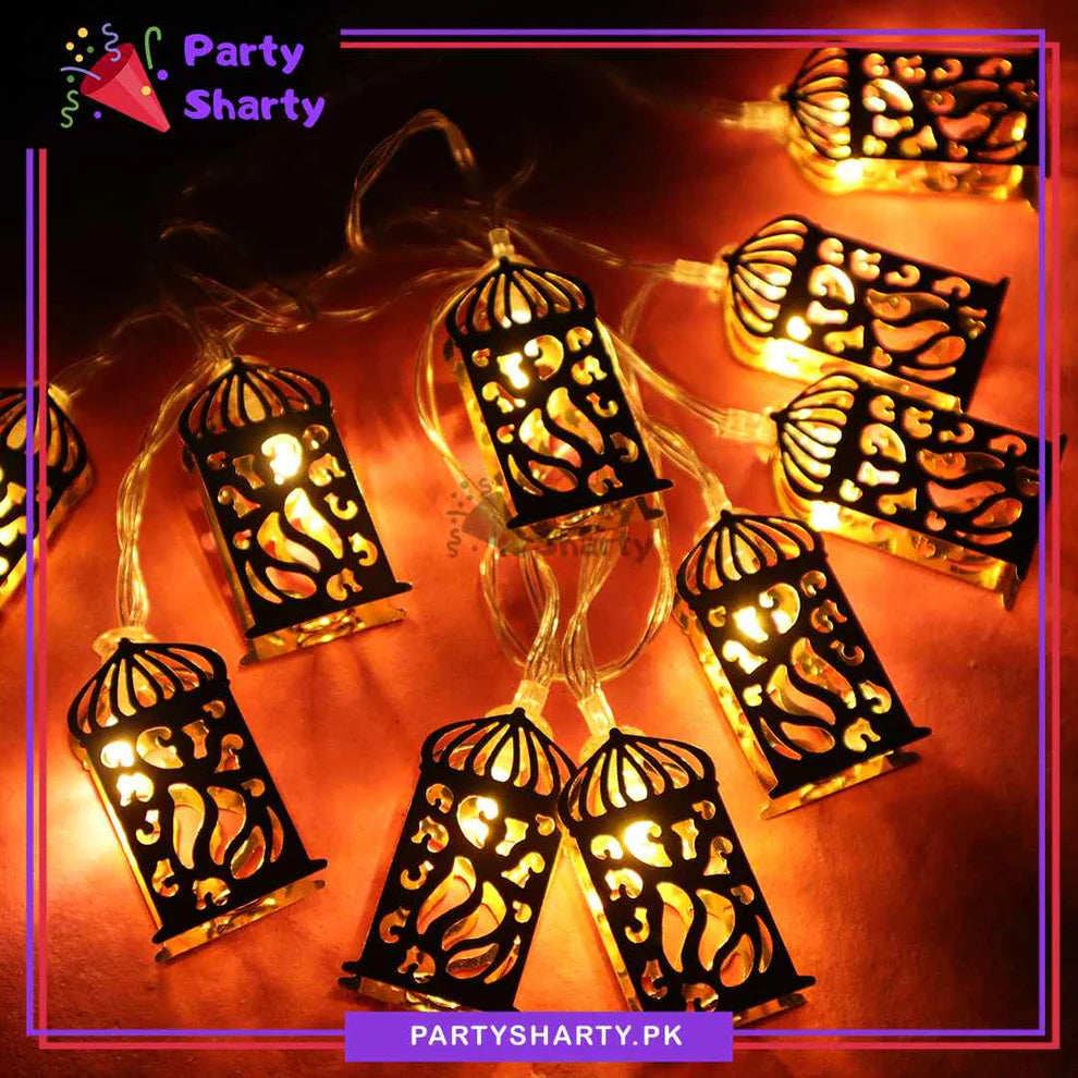 Electric Operated Metal Golden Lantern Shaped Fairy Light String For Ramadan & Eid Decoratio