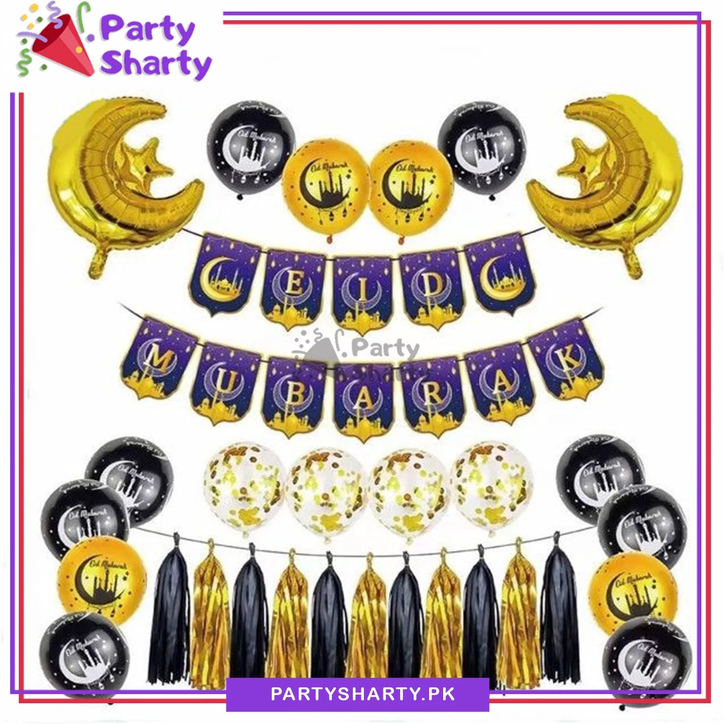 Purple Eid Mubarak Card Banner with Golden & Black Theme Set for Eid Decoration and Celebration