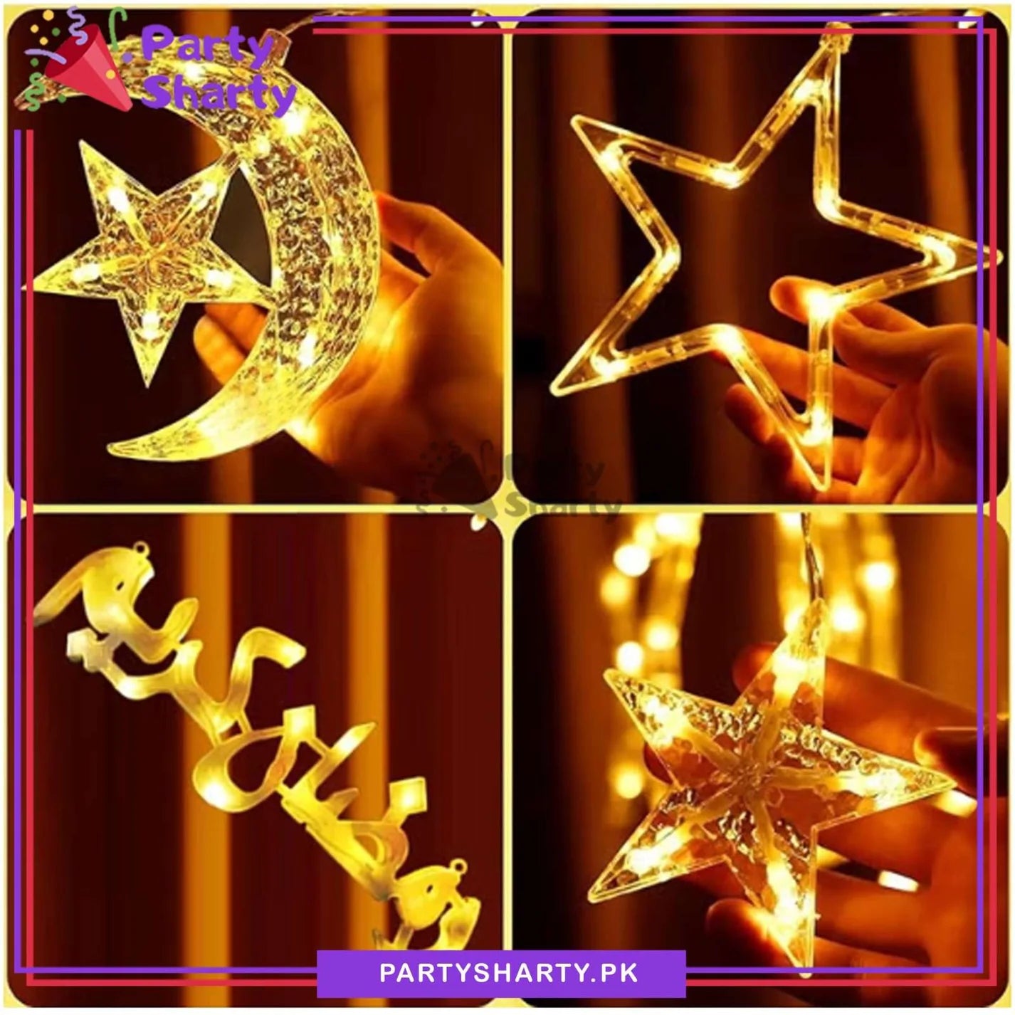 Ramadan Kareem Crescent Moon With Stars LED Curtain Fairy Lights For Decoration