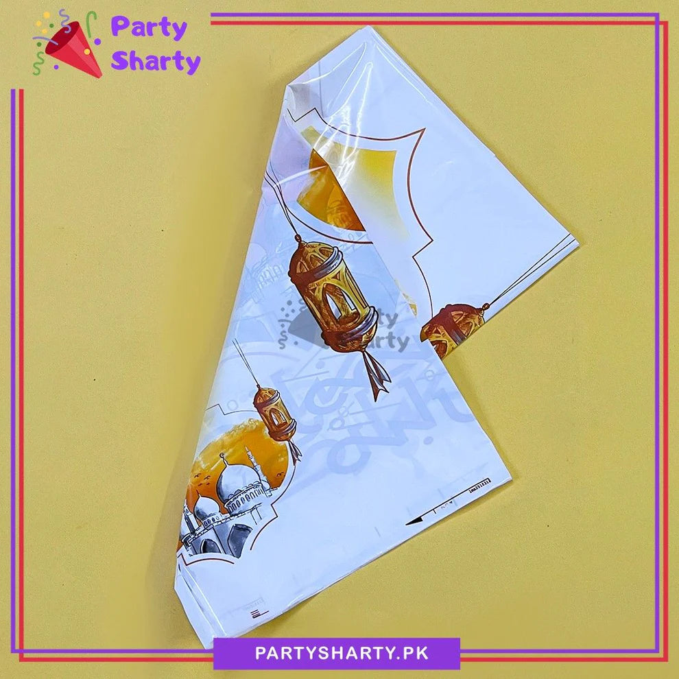 Ramadan Mubarak White & Golden Theme Plastic Table Cover for Ramadan Decoration