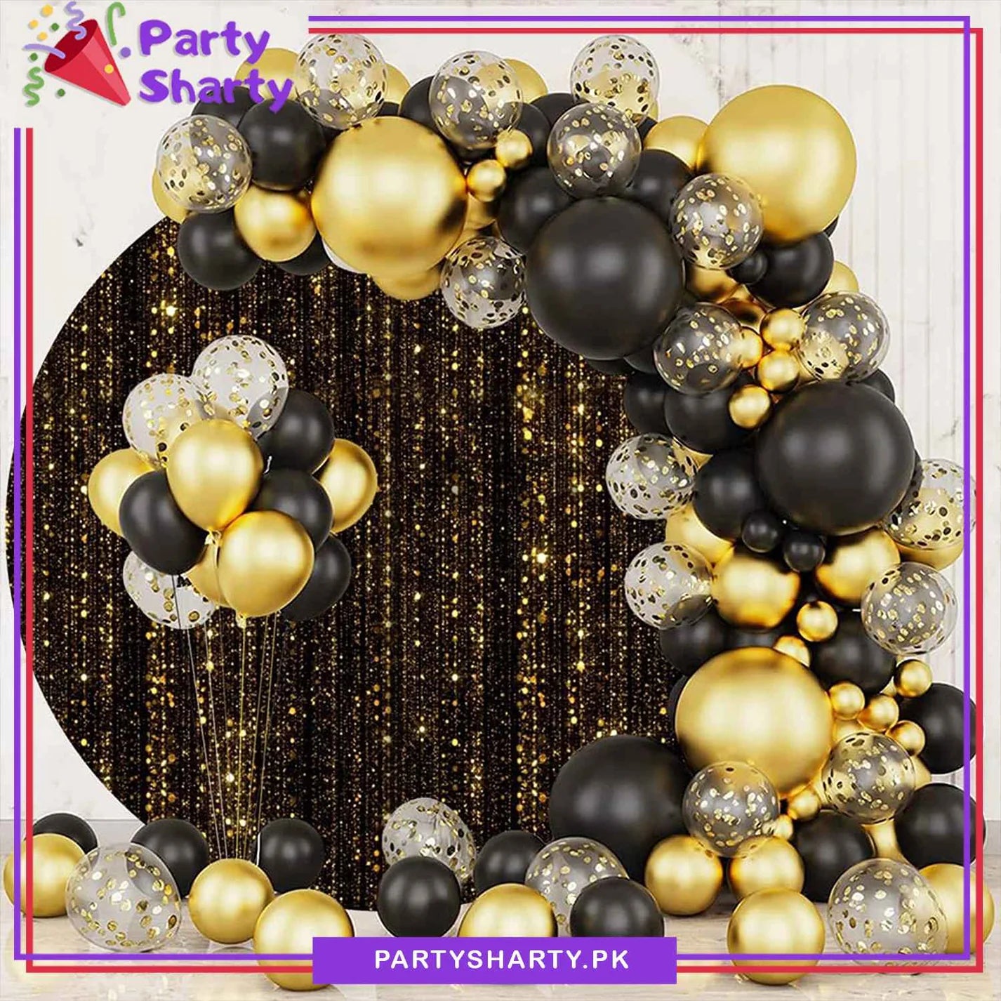 100pcs Black & Metallic Golden Balloon with 4 point Golden Star Garland Arch Kit For Party Event Decoration