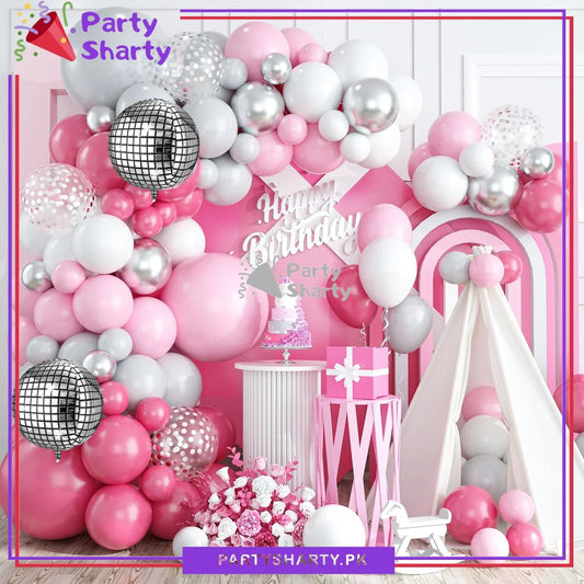 100pcs Baby Pink, Dark Pink, White & Silver Metallic Disco Balloons Garland Theme Set For Butterfly Themed Party Decoration & Celebration