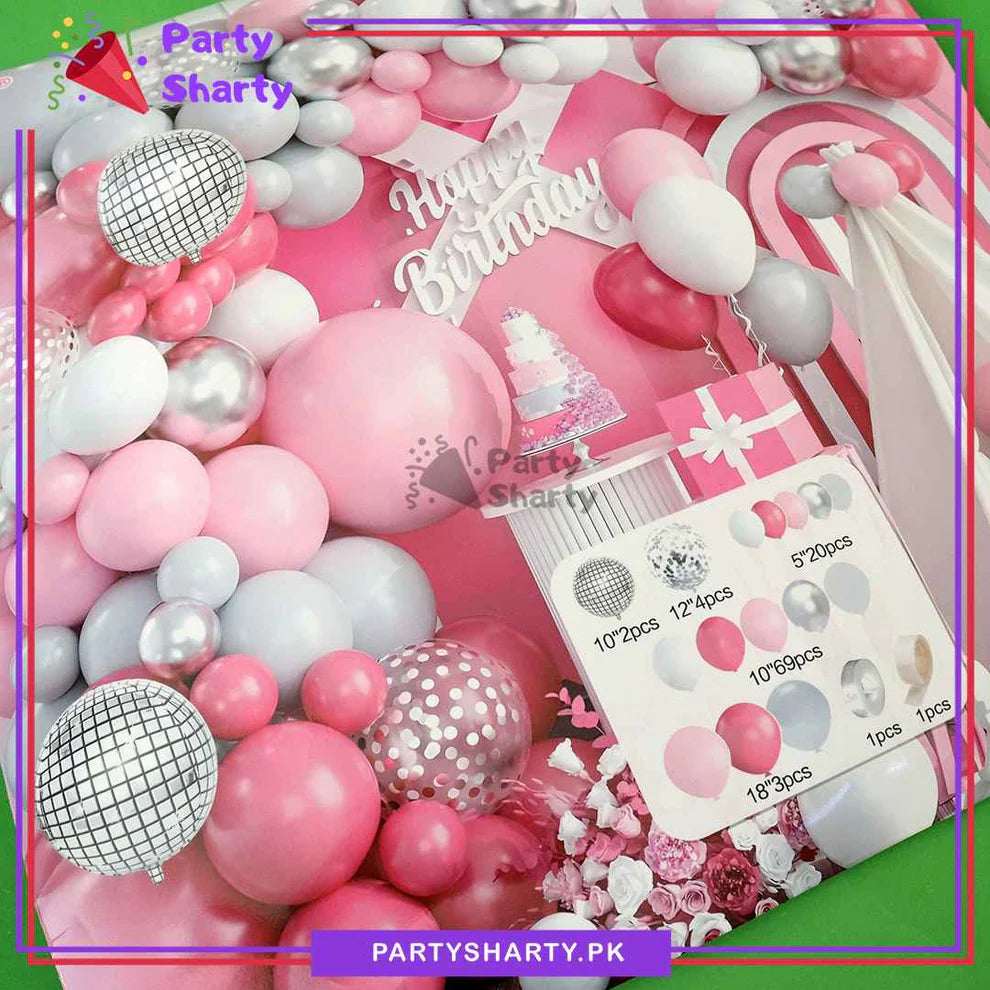 100pcs Baby Pink, Dark Pink, White & Silver Metallic Disco Balloons Garland Theme Set For Butterfly Themed Party Decoration & Celebration
