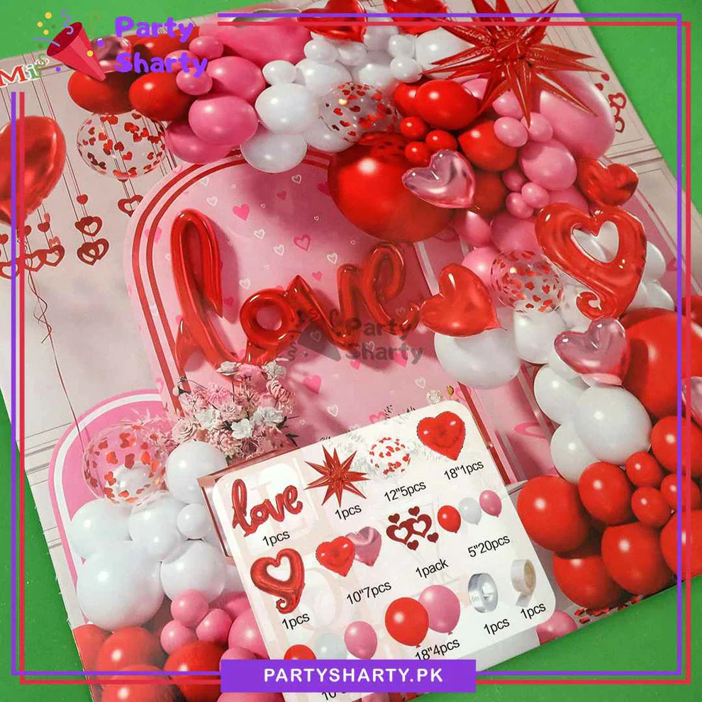 100pcs Love Scripted Foil Banner with Red, Pink & White Balloon Garland Theme Set for Valentine, Wedding Anniversary Decoration and Celebration