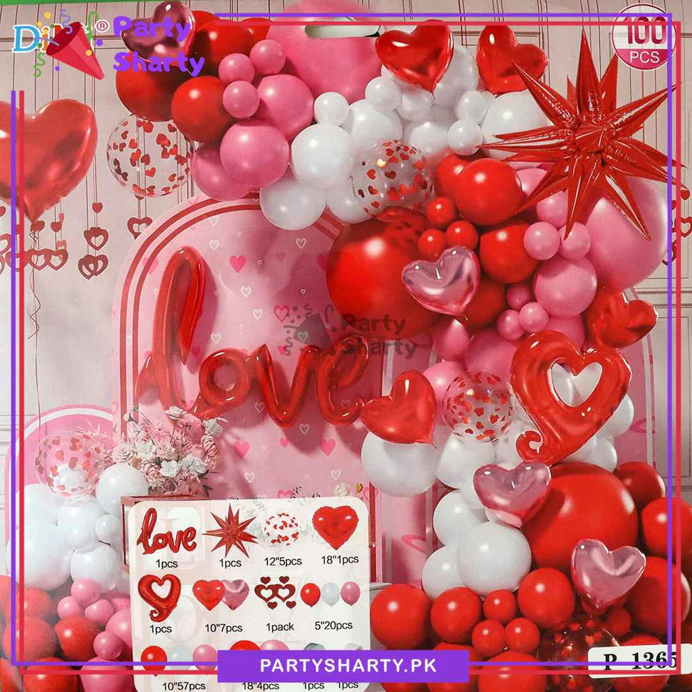 100pcs Love Scripted Foil Banner with Red, Pink & White Balloon Garland Theme Set for Valentine, Wedding Anniversary Decoration and Celebration