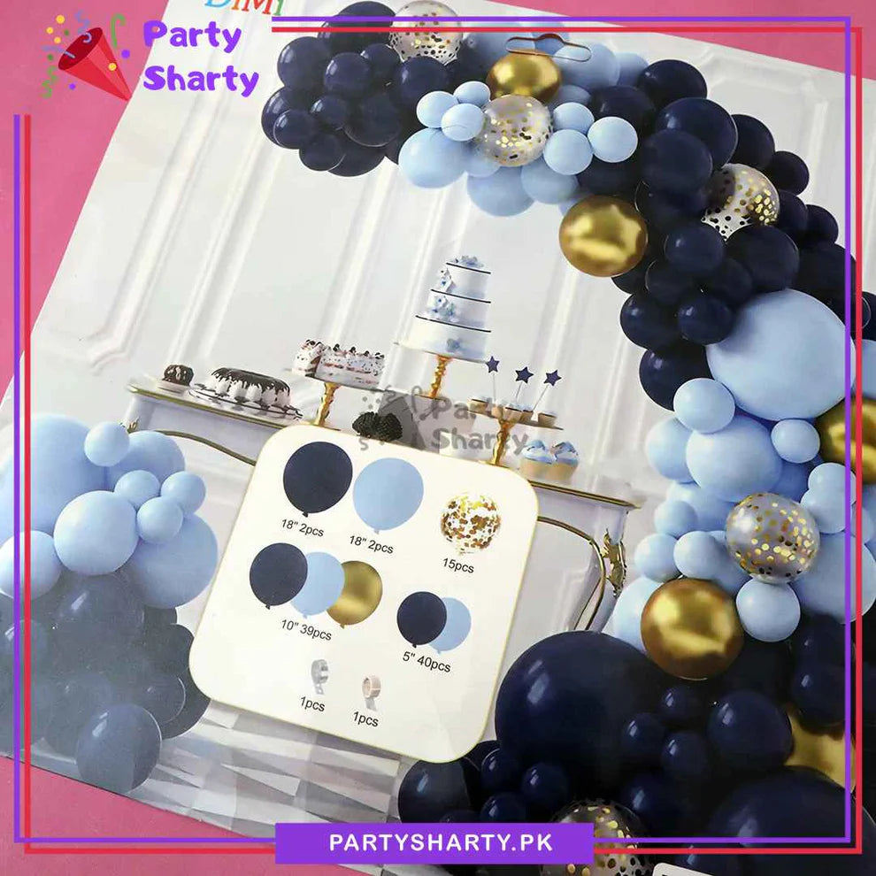 100pcs Navy Blue, Baby Blue & Metallic Golden Balloons Garland Arch Kit For Party Event Decoration