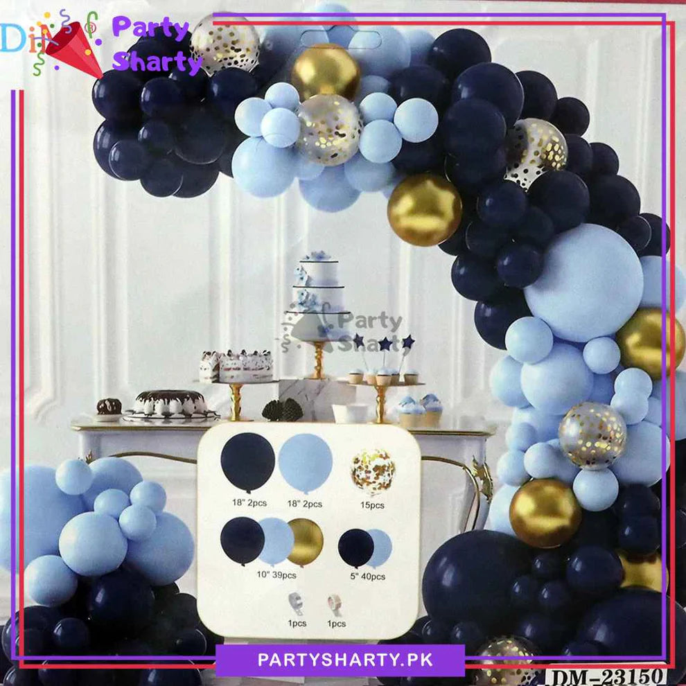 100pcs Navy Blue, Baby Blue & Metallic Golden Balloons Garland Arch Kit For Party Event Decoration