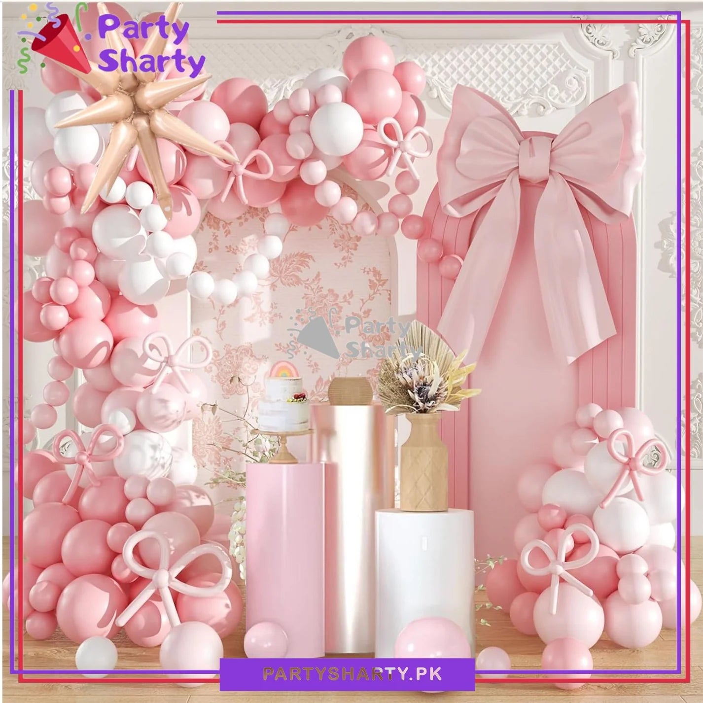 100pcs Pink Bow Long Balloons with Baby Pink, Pink & White Balloons Garland Theme Set For Bow Themed Party Decoration & Celebration