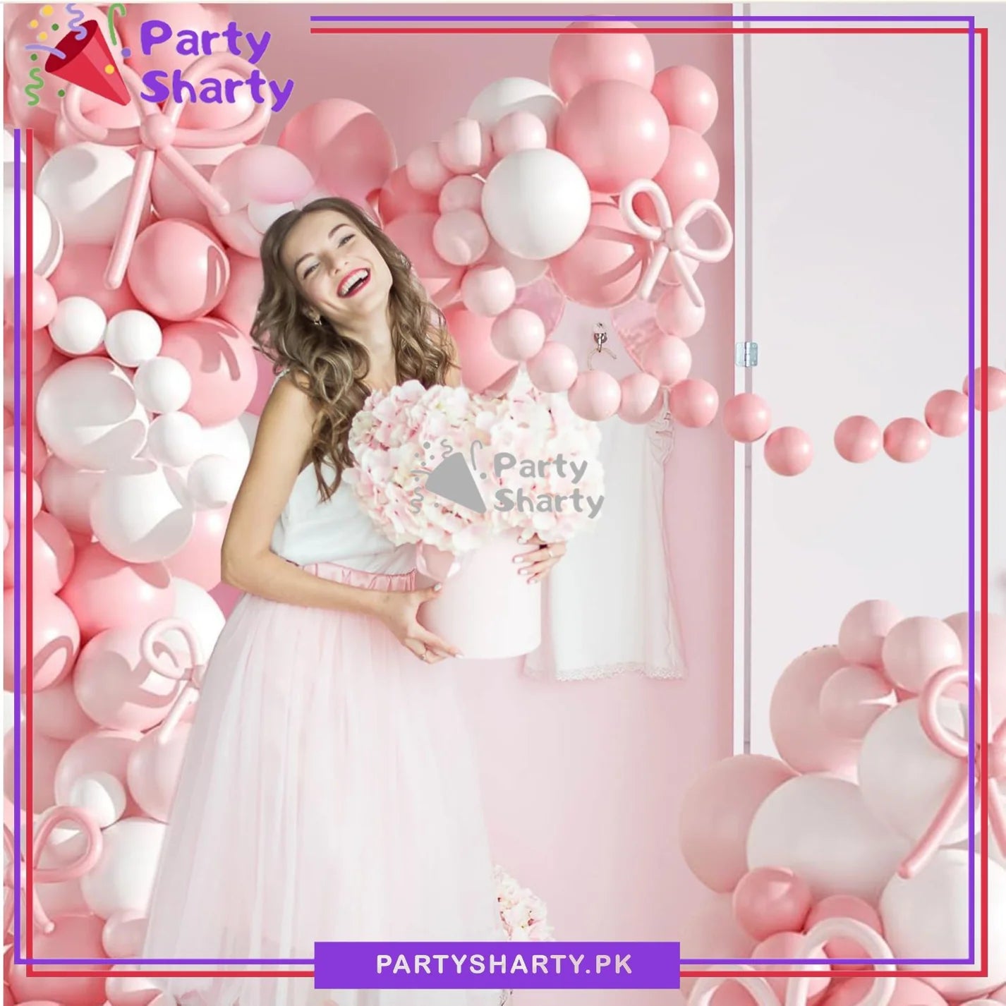 100pcs Pink Bow Long Balloons with Baby Pink, Pink & White Balloons Garland Theme Set For Bow Themed Party Decoration & Celebration