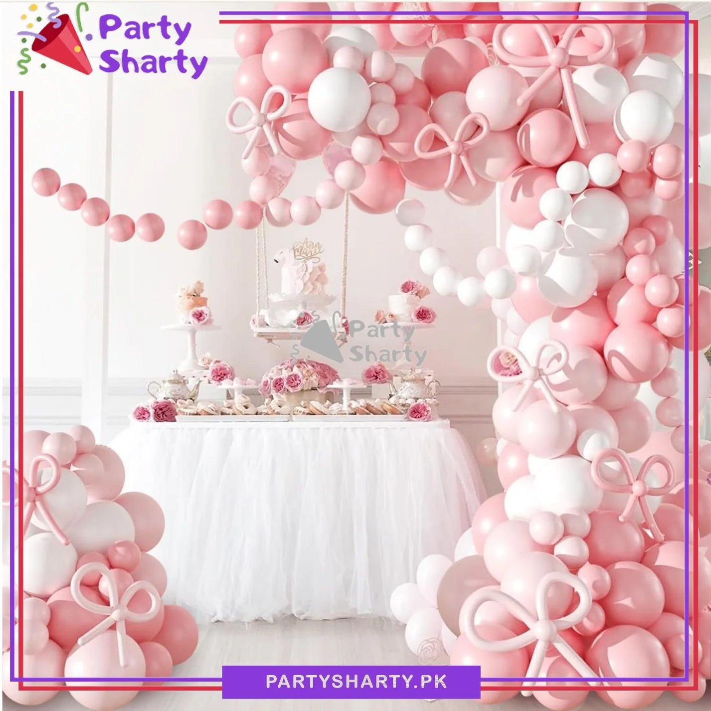 100pcs Pink Bow Long Balloons with Baby Pink, Pink & White Balloons Garland Theme Set For Bow Themed Party Decoration & Celebration