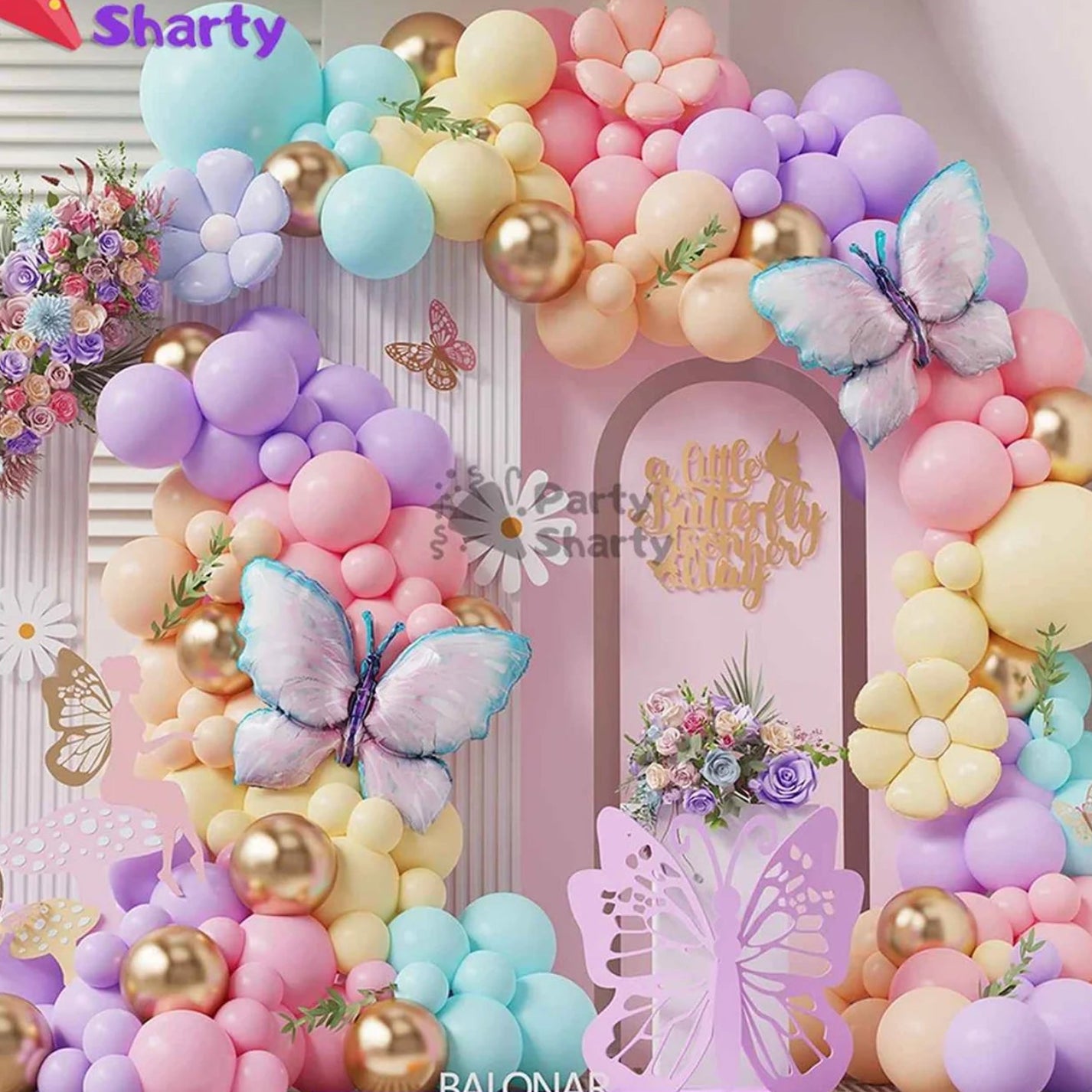 111pcs Pastel Multi Butterfly Theme Balloon Garland For Birthday Decoration and Party Celebrations
