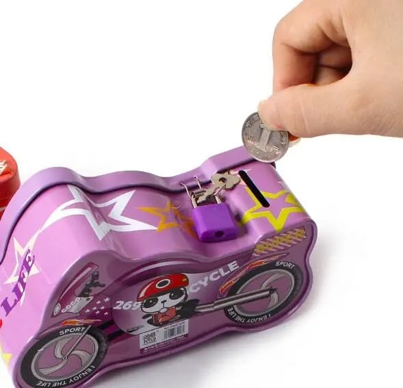 motorcycle cartoon piggy bank with lock