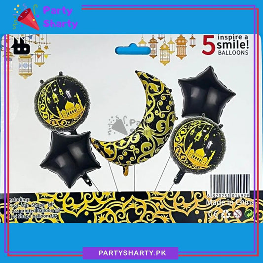 5pcs/set Golden & Black Eid Mubarak Crescent Moon Shape Foil Balloon For Eid Decoration & Celebration