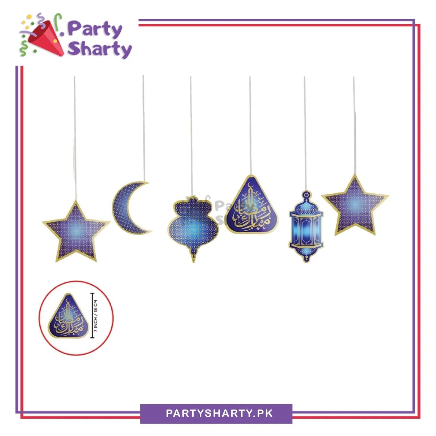 6pcs/Set Blue Ramadan Mubarak Lantern, Moon & Stars Hanging For Ramadan Kareem Decoration