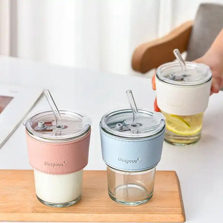 Bamboo Joint Glass Material Cup with Glass Straw and Leather Grip