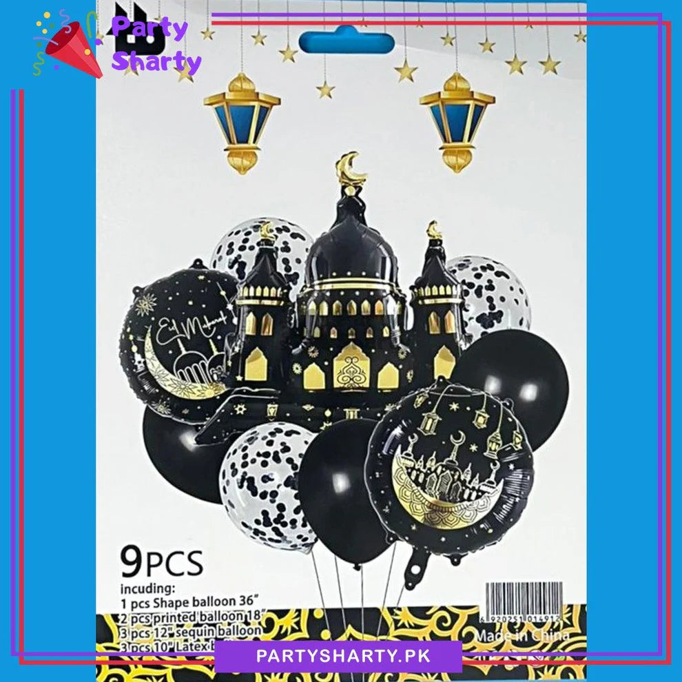 9pcs/set Black Mosque Shape Foil with Balloons Set For EID Milan Party Decoration