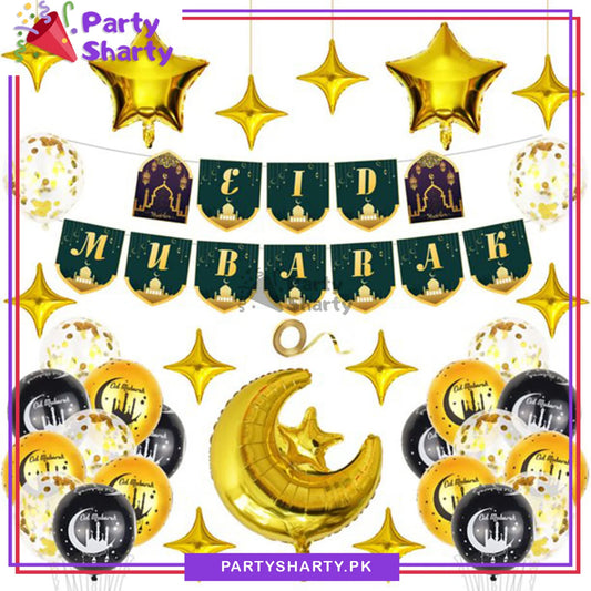 Black Eid Mubarak Card Banner with Golden Theme Set for Eid Decoration and Celebration
