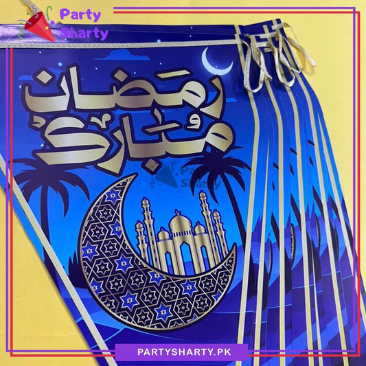 Moon & Mosque Printed Blue Color Ramadan Mubarak Flags Pack of 10 For Ramadan Decoration