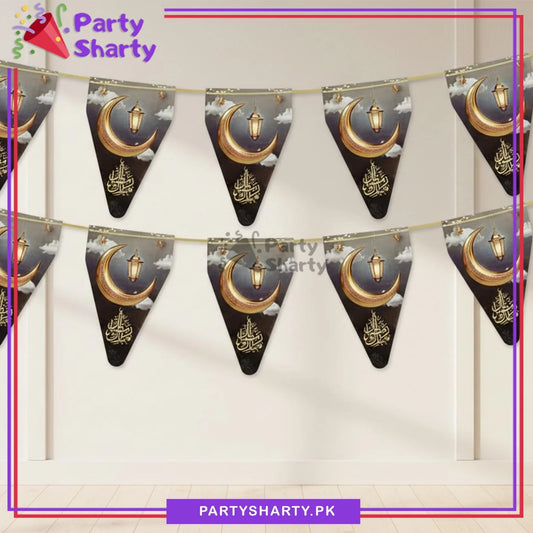 Crescent Moon Printed Black & Gold Color Ramadan Mubarak Flags Pack of 10 For Ramadan Decoration