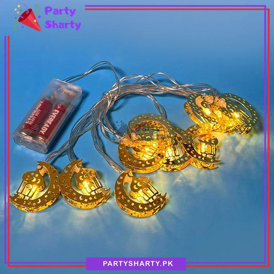 Crescent Moon With Lantern Shaped Led Metal Fairy String Lights for Ramadan, Eid Decoration & Celebration (Warm Color)