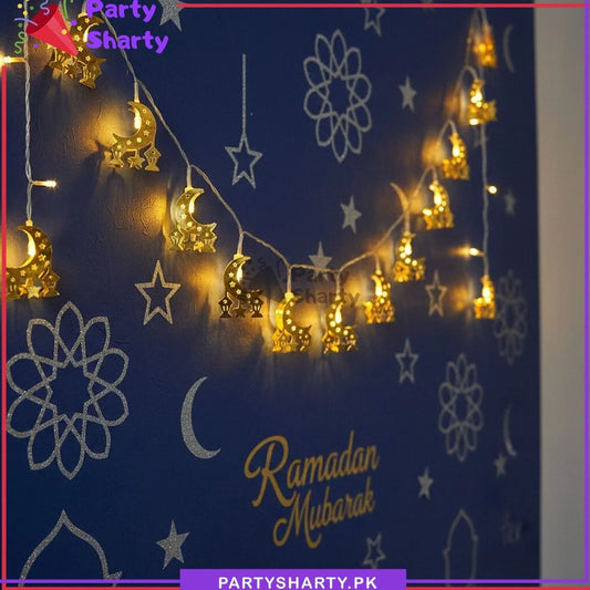 Electric Operated Crescent Moon With Hanging Star & Lantern Style Shaped Led Metal Fairy String Lights for Ramadan & Eid Decoration
