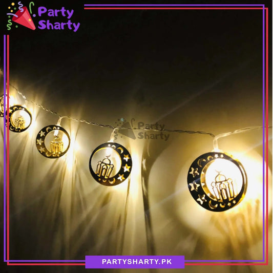 Crescent Round With Mosque Shaped Led Metal Fairy String Lights for Ramadan, Eid Decoration & Celebration (Warm Color)