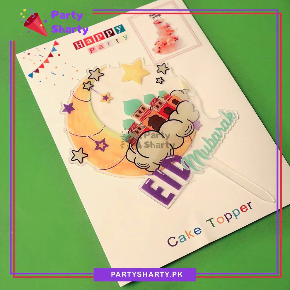 Eid Mubarak Crescent, Star, Cloud with Mosque Printed Cake topper for Eid Decoration and Celebration