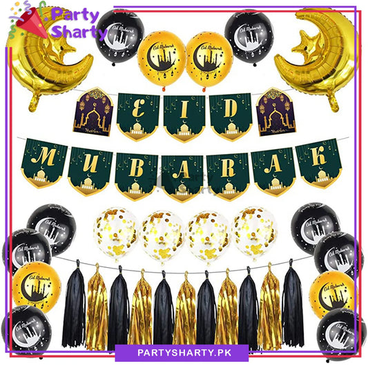 Green Eid Mubarak Card Banner with Golden & Black Theme Set for Eid Decoration and Celebration