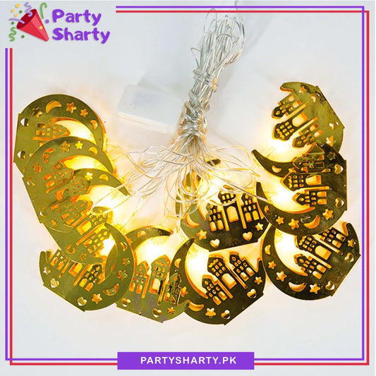 Electric Operated Golden Crescent With Masjid Shaped Metal LED String Lights For Ramadan Festival and Celebration