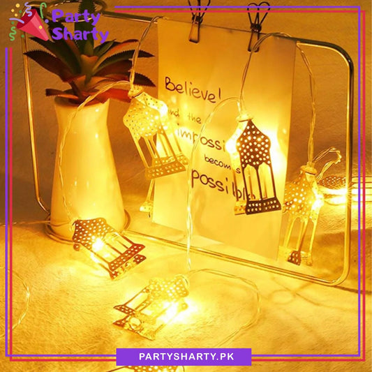 Electric Operated Golden Festive Lantern Led Metal String Lights For Ramadan Festival & Celebration