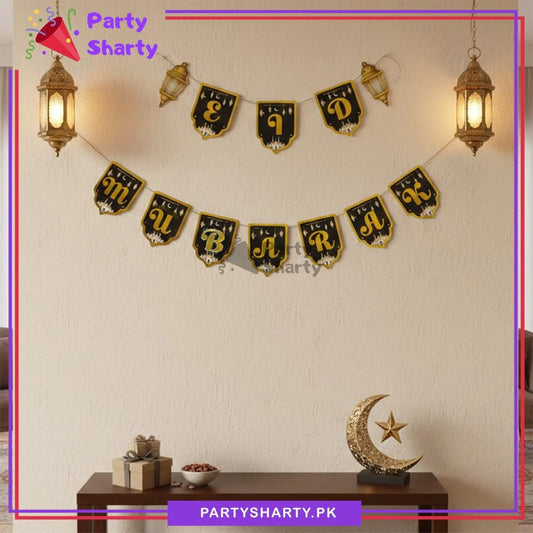 Golden Foil Printed Black EID Mubarak Card Banner For Eid Milan Party Decoration & Celebration