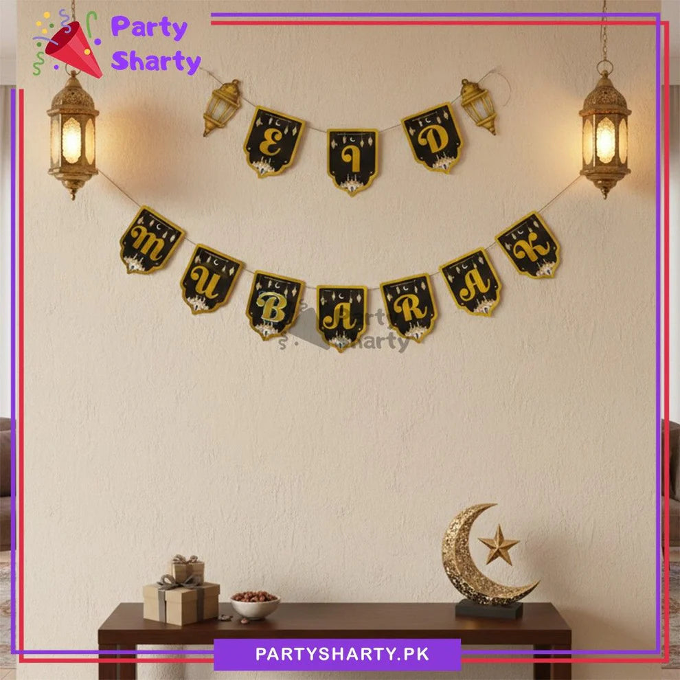 Golden Foil Printed Black EID Mubarak Card Banner For Eid Milan Party Decoration & Celebration