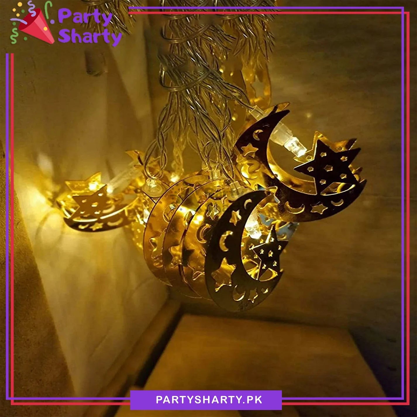 Golden Crescent With Star Shaped Metal LED String Lights For Ramadan Festival and Celebration