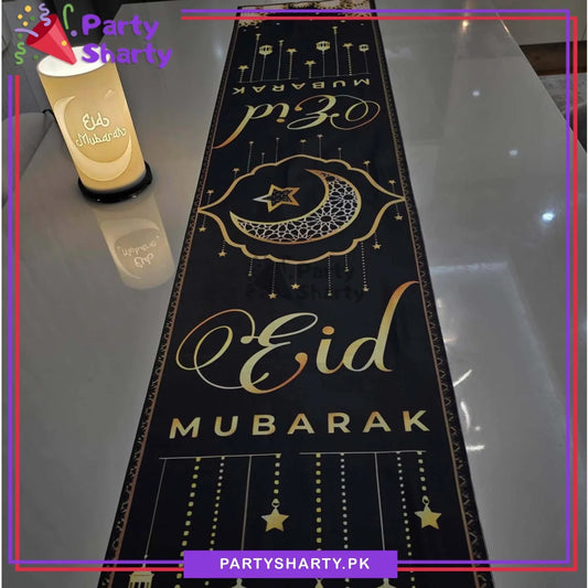 180x35cms Golden & Black Eid Mubarak Table Runner For Eid Decoration & Celebration