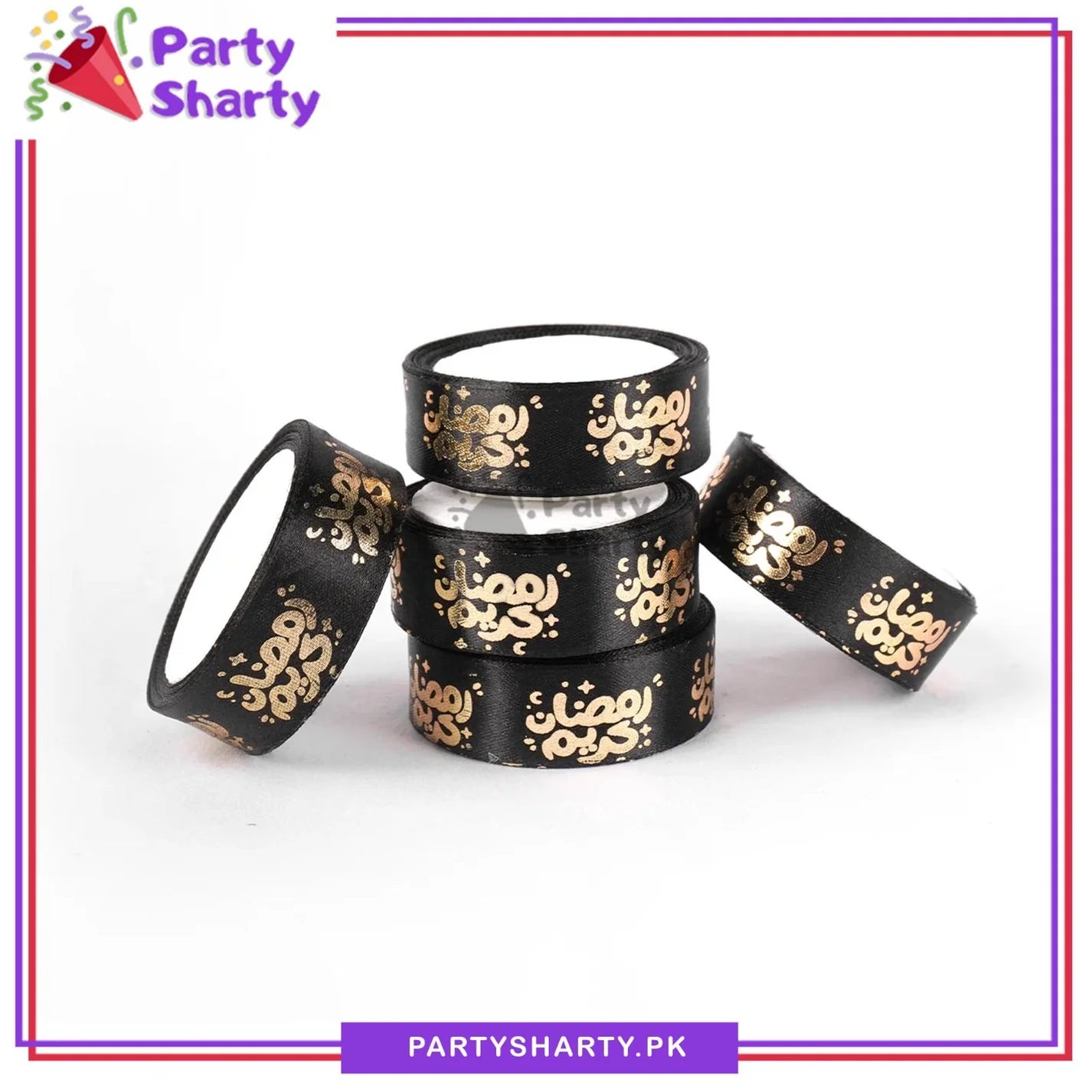 Imported 2.5CM Ramadan Kareem With Small Moon & Stars Golden Foil Printed Ribbon Roll For Ramadan Gift Decoration