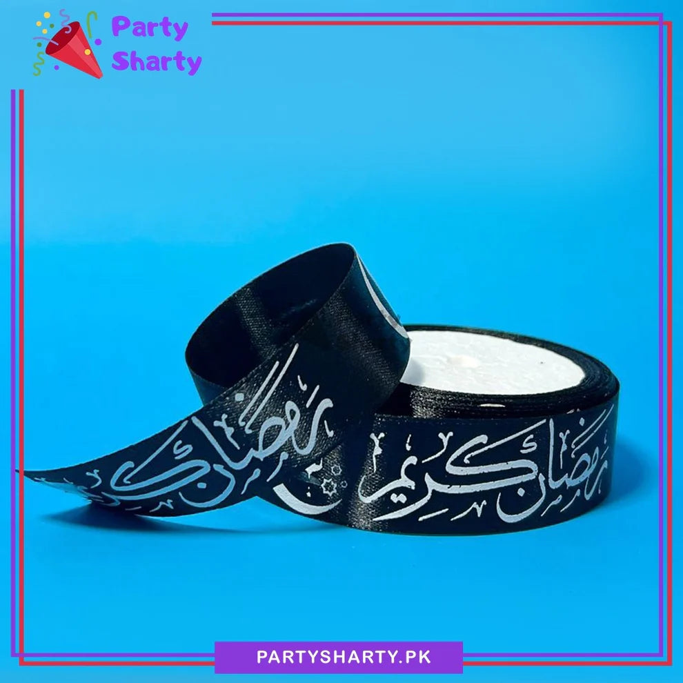 Imported 2.5CM Black Ramadan Kareem White Printed Ribbon Roll For Ramadan Gift Decoration