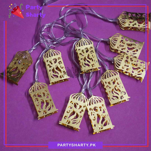 Electric Operated Metal Golden Lantern Shaped Fairy Light String For Ramadan & Eid Decoratio