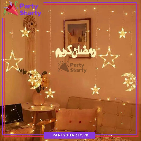 Ramadan Kareem Crescent Moon With Stars LED Curtain Fairy Lights For Decoration