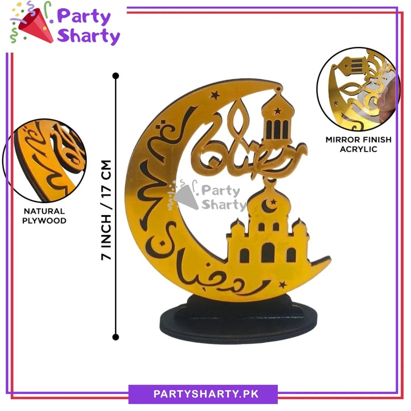 7inches Ramadan Kareem Crescent Moon Shaped Wooden with Acrylic Finish Design Standee For Ramadan Mubarak Decoration and Celebrations