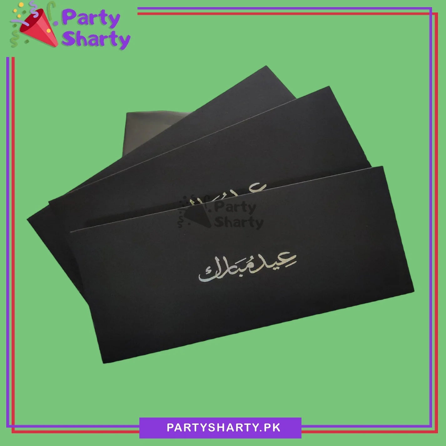 Silver Eid Mubarak Printed Black Color Eidi Envelopes (Pack 10) For Eid Celebration