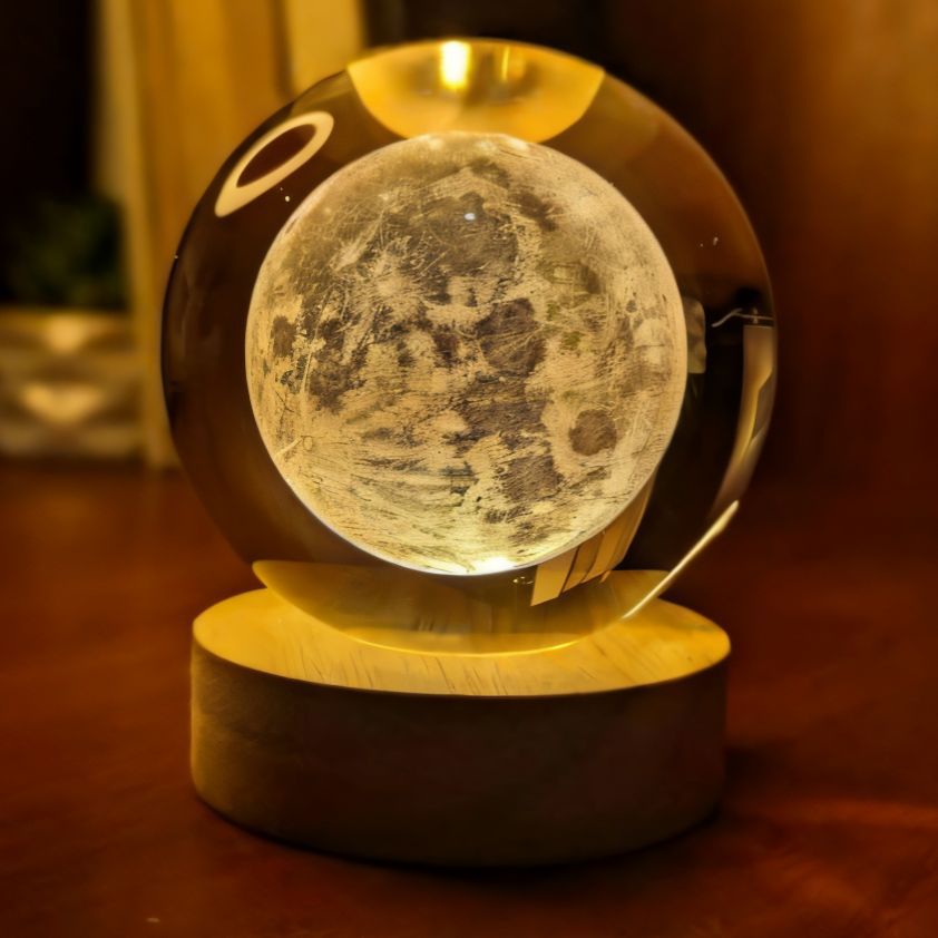Moon Ball LED Lamp – Glass Material with Wooden Base (Mix Colour) | Findsy.pk