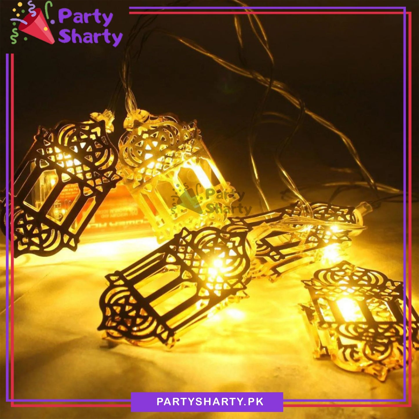 Electric Operated Golden Lantern Shaped Led Metal String Lights For Ramadan Decoration